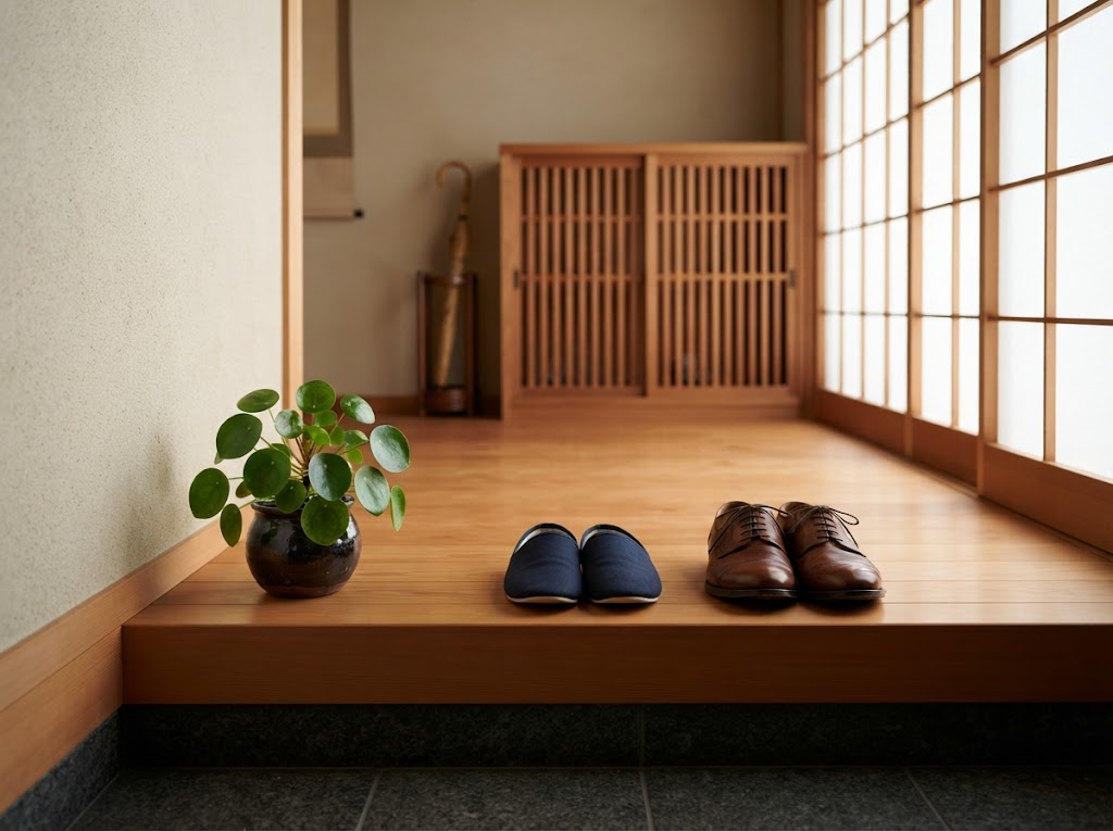 片付いた玄関に靴が並べられた様子